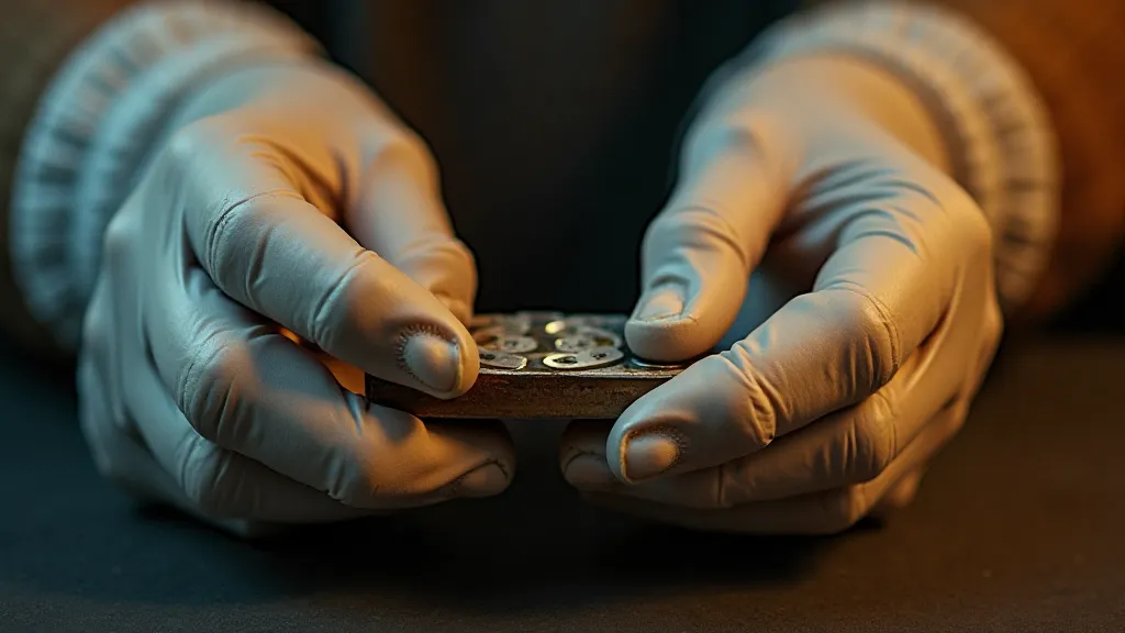 Handling a vintage typewriter ribbon with gloves
