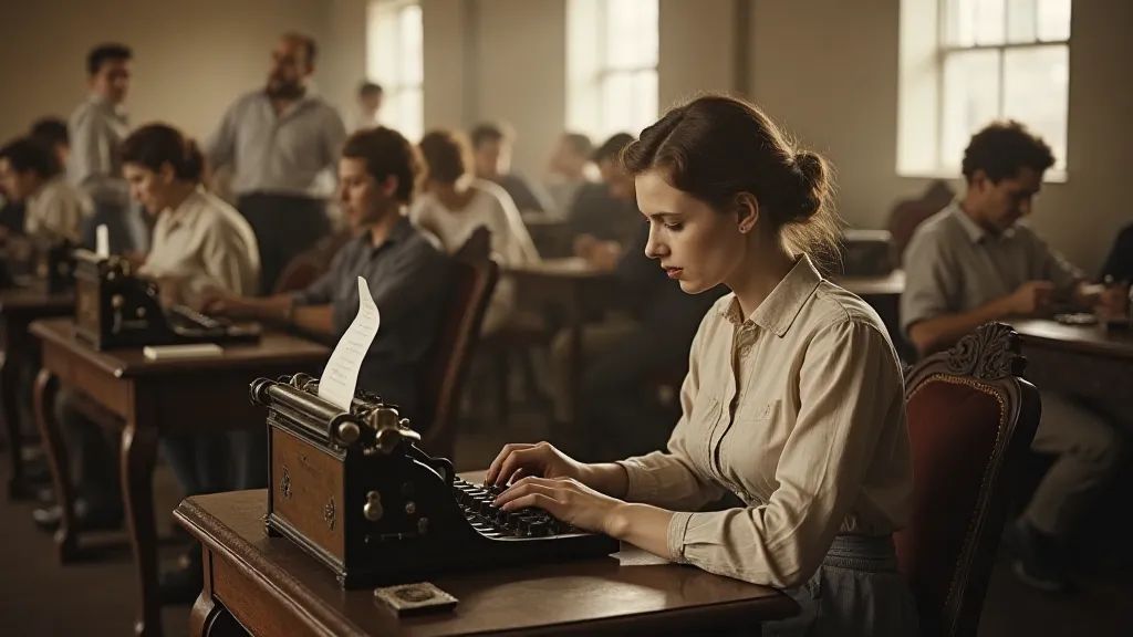 A woman using a Remington typewriter in an old office