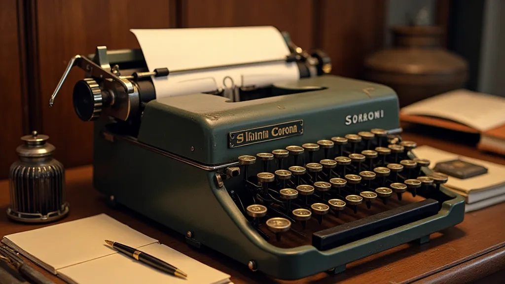 Vintage Smith Corona typewriter on a desk with writing supplies.